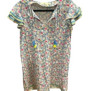 Vineyard Vines Colorful Floral and Flamingo Linen Dress with Ruffle Sleeves